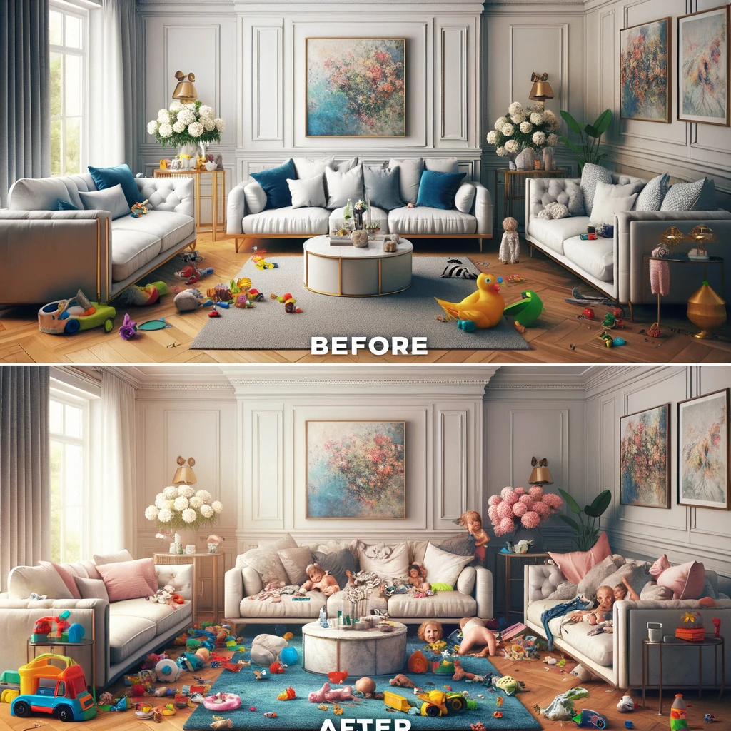Two side-by-side images of a living room, depicting the before and after effect of having kids. The first image shows a pristine, stylish living room with elegant decor, clean lines, and an organized appearance. The second image shows the same room but transformed into a chaotic space filled with toys, scattered cushions, and a general mess. The contrast between the two images is striking and humorous, highlighting the impact of children on a household. The caption "Living Room Evolution: Before and After Kids" is placed at the bottom, emphasizing the dramatic change in the living room's appearance. The overall impression is one of lighthearted humor about the realities of parenting and home life changes.