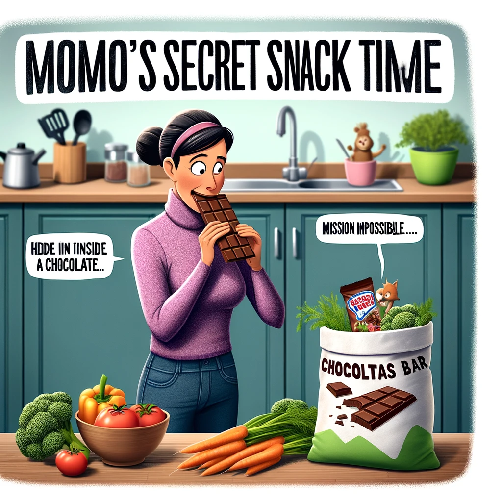 A humorous image of a mom stealthily eating a chocolate bar, hidden inside a vegetable bag, in a kitchen. The scene is playful and relatable, capturing the secret snack moments of a mom. The mom has a mischievous, yet cautious look, as if on a secret mission. Around her, the kitchen is tidy, with healthy food visible, contrasting with the hidden chocolate. The caption, "Mom's secret snack time: Mission Impossible style," is displayed, adding to the humor of the situation. The image should convey the light-heartedness of parents finding small moments of indulgence amidst their busy lives.