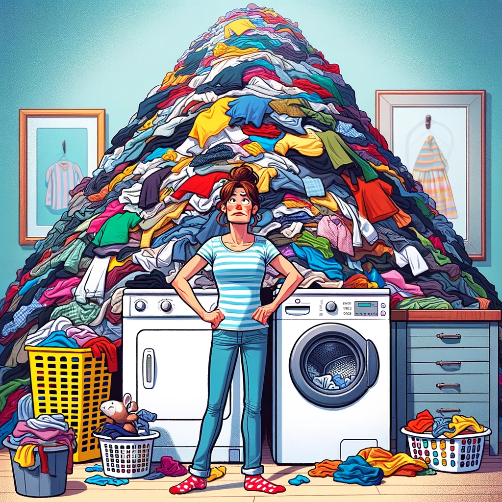 Never-Ending Laundry: A mom stands in front of an impossibly high mountain of laundry, expressing a look of mild bewilderment and determination. The laundry pile towers over her, with various clothes items like socks, shirts, and pants visible. The mom is in casual home attire, her hands on her hips, as she gazes up at the mountain. The scene is in a laundry room with a washing machine and baskets visible. The caption at the bottom says, "Mount Laundry: The peak that keeps growing." The style is colorful and cartoon-like, to emphasize the humorous exaggeration of the laundry pile.
