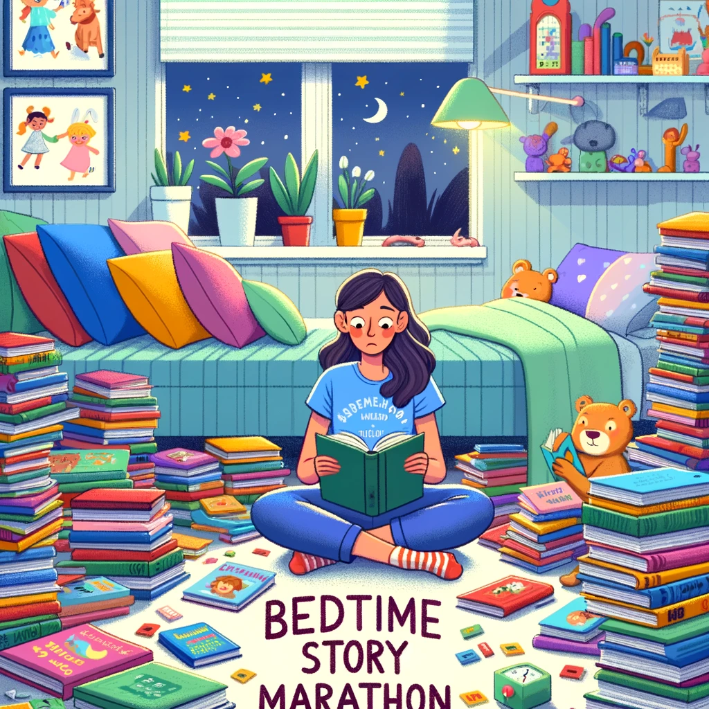 Bedtime Story Marathon: A scene depicting a mom sitting on the floor, surrounded by a sea of children's books. She looks exhausted yet determined, with a book in hand, as if she's been reading for hours. The room is a cozy, well-lit children's bedroom, filled with colorful toys and decorations. The caption at the bottom reads: "Bedtime stories: Mom's never-ending book marathon." The style is cartoon-like and vibrant, highlighting the whimsical nature of the situation and the mom's perseverance.