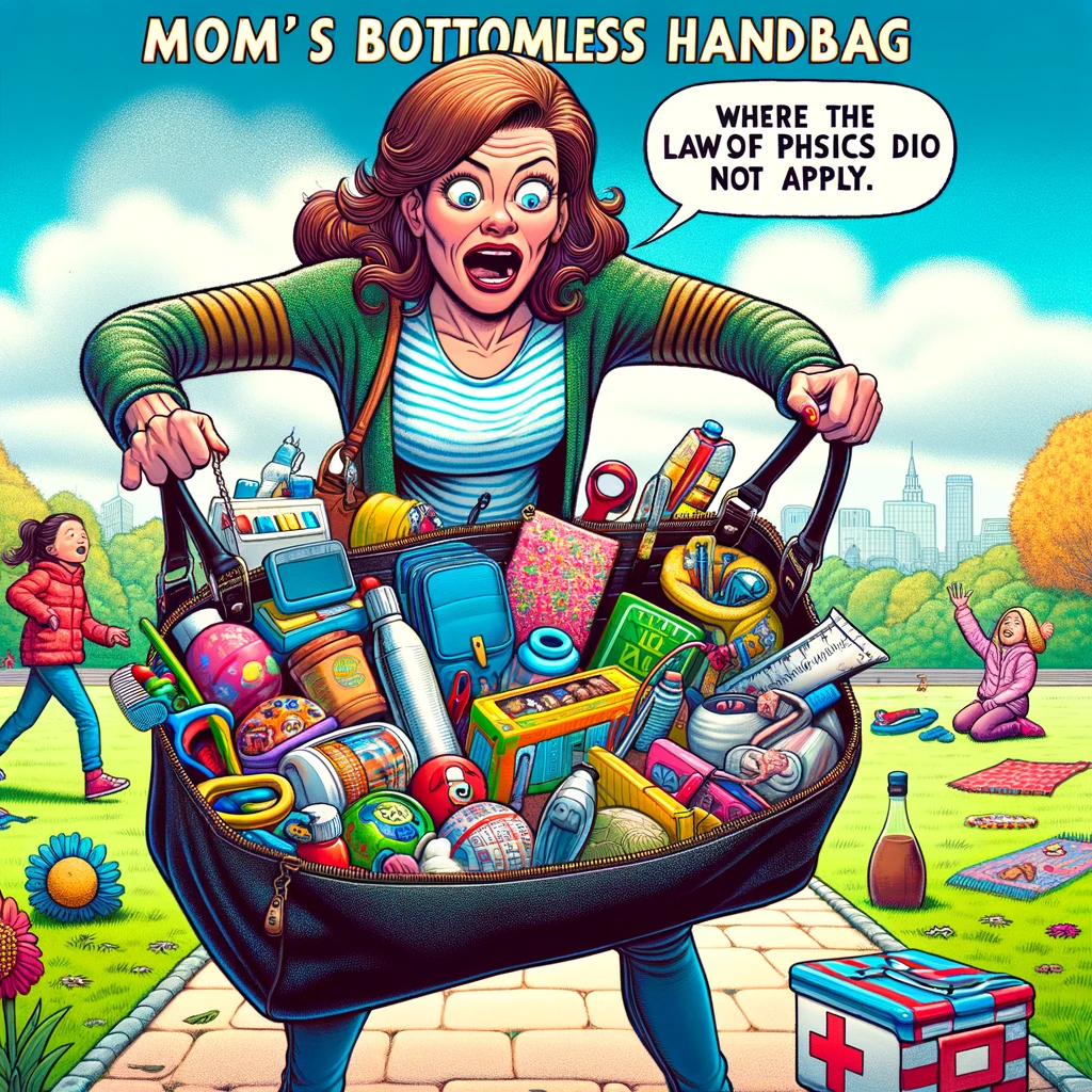 Mom's Bottomless Handbag: A comic-like image depicting a mom pulling out an absurdly long list of items from her handbag, which include toys, snacks, a first aid kit, and even a small umbrella. The mom looks both amused and surprised at the array of items she's able to fit in her bag. The scene is set in a public park, with children playing in the background. The caption at the bottom reads, "Mom's handbag: Where the laws of physics do not apply." The style is vibrant and detailed, capturing the whimsical and exaggerated nature of the concept.