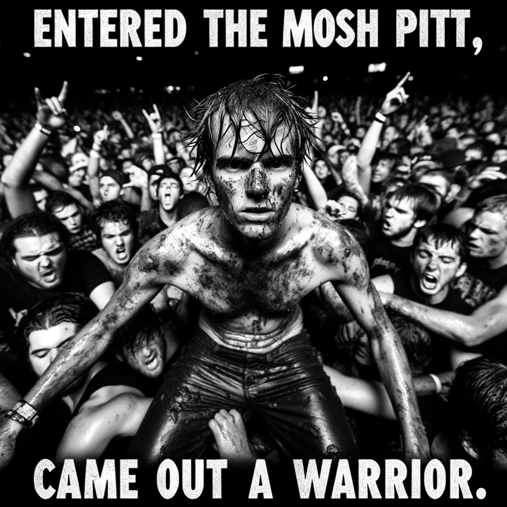 A person emerging from a mosh pit at a concert, looking disheveled, with a triumphant grin. The image should capture the intensity and chaos of a mosh pit, with the person in the center appearing victorious and exhilarated. The surrounding crowd is engaged in the mosh pit, adding to the sense of a rough but exhilarating experience. The caption: "Entered the mosh pit, came out a warrior." This scene should highlight the rugged and energetic atmosphere of a mosh pit at a concert.