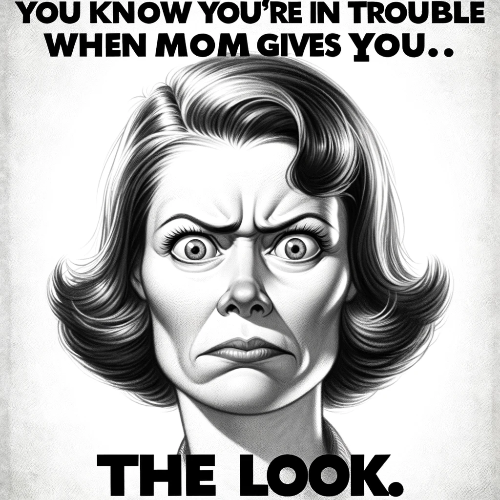 A humorous image of a mom giving an exaggerated stern look. The text above reads, "You know you're in trouble when mom gives you," and below, "The Look." The mom's expression should be comically exaggerated to emphasize the humor of the situation. This depiction aims to capture the universal moment of realization among children when they've crossed a line, based on a relatable and lighthearted family scenario.