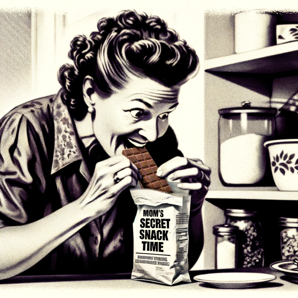 An image of a mom stealthily eating a chocolate bar hidden inside a vegetable bag. This sneaky moment captures the humor and relatability of parents finding their small escapes in daily life. The mom's expression should be one of guilty pleasure, mixed with the thrill of not being caught. The scene is set in a kitchen or pantry, where the mom has found a brief moment to indulge in her secret snack. Caption the image: "Mom's secret snack time: Mission Impossible style." The meme cleverly juxtaposes the idea of a secret mission with the mundane yet cherished act of sneaking a treat away from the eyes of family members.