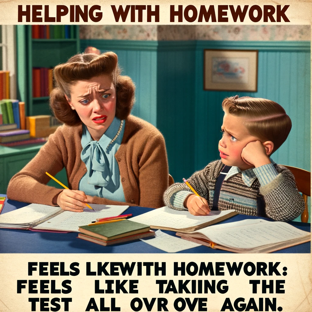 An image of a mom and child sitting at a table, both looking at homework with perplexed expressions. This scene captures the shared frustration and confusion often felt by parents and children during homework time. The background should resemble a typical home study area, filled with books and school supplies, to enhance the relatability of the situation. Caption the image: "Helping with homework: Feels like taking the test all over again." The meme humorously reflects on the challenges of navigating children's education, especially when the material becomes a puzzle for parents as well.