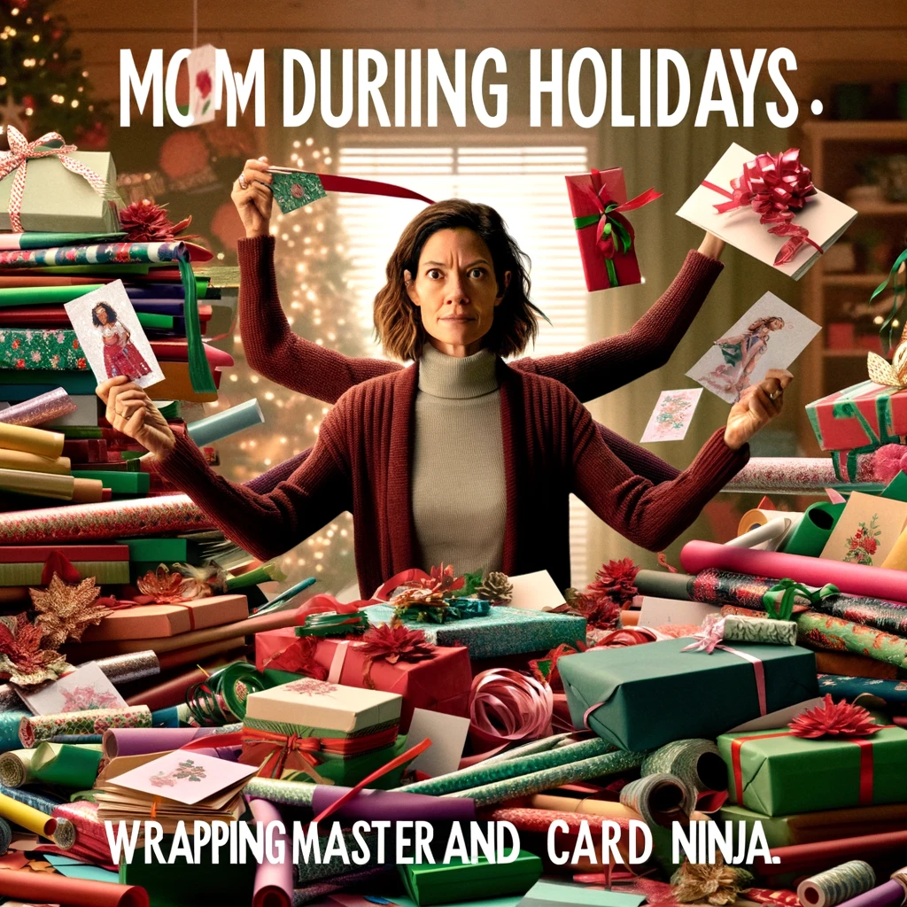 An image of a mom surrounded by a mountain of gift wrap, ribbons, and cards, looking determined and focused. This scene showcases the chaos and beauty of holiday preparation, highlighting the mom as the orchestrator of festive magic. Her expression should convey a mix of determination, creativity, and a hint of overwhelm, embodying the spirit of holiday multitasking. Caption the image: "Mom during holidays: Wrapping master and card ninja." The meme celebrates the efforts and skills moms put into making holidays special, often juggling multiple tasks to create perfect moments.