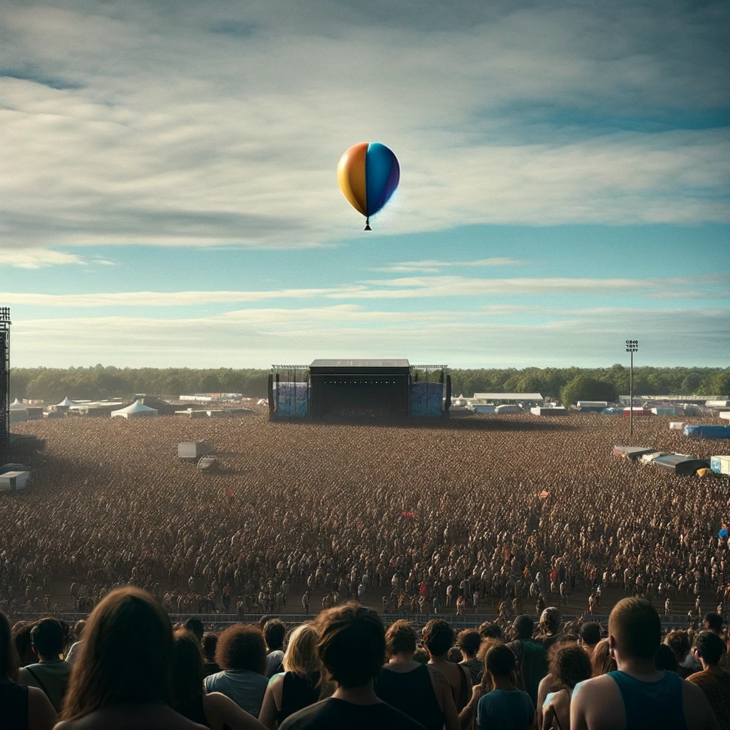 A single, lonely balloon floating away above a concert crowd. The scene shows a large crowd of people at a music festival, with a clear blue sky overhead. The balloon is colorful and contrasts with the sky, looking small and distant. There's a humorous caption at the bottom of the image that reads, "When you lose your friends at a festival and send a balloon to find them."