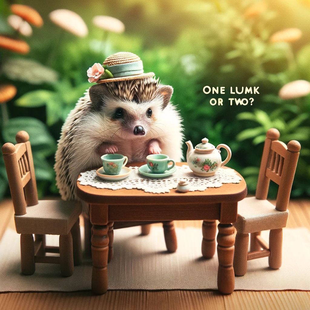 A cute hedgehog sitting at a tiny table set with miniature tea cups and plates, wearing a tiny hat. The hedgehog pretends to pour tea from a tiny teapot, looking sophisticated and adorable. The setting is whimsical, with a small table and chairs designed perfectly for the size of the hedgehog, surrounded by a garden-like environment that enhances the fairy tale atmosphere. The caption reads, "One lump or two?" in a charming and playful font at the bottom of the image.
