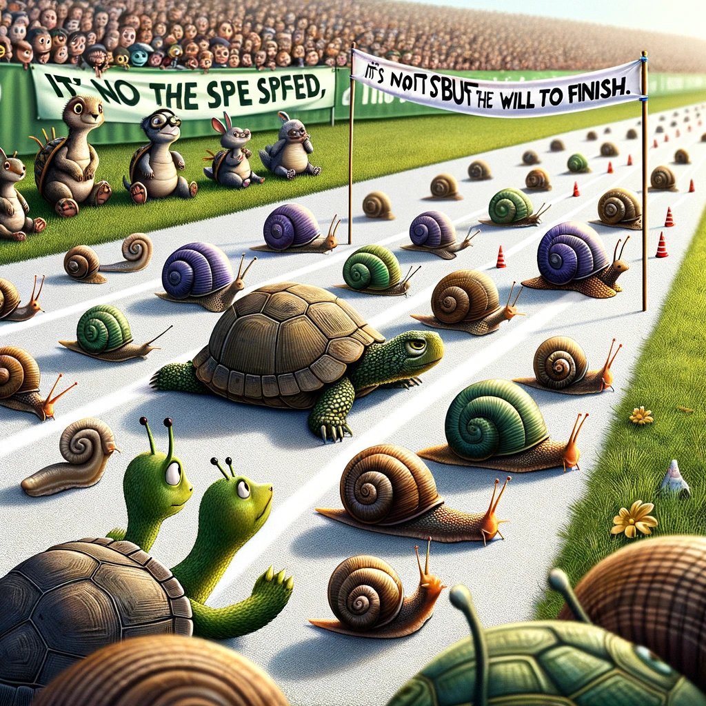 Turtles and snails lined up for a race, with a finish line tape at the end. A crowd of other small animals watches eagerly, creating a scene of anticipation and excitement. The race is humorous, highlighting the slow pace of both turtles and snails, yet they show determination. The background features a grassy field, setting a perfect stage for this quirky competition. The caption says, "It's not the speed that matters, but the will to finish." in a motivational and humorous font at the bottom of the image.