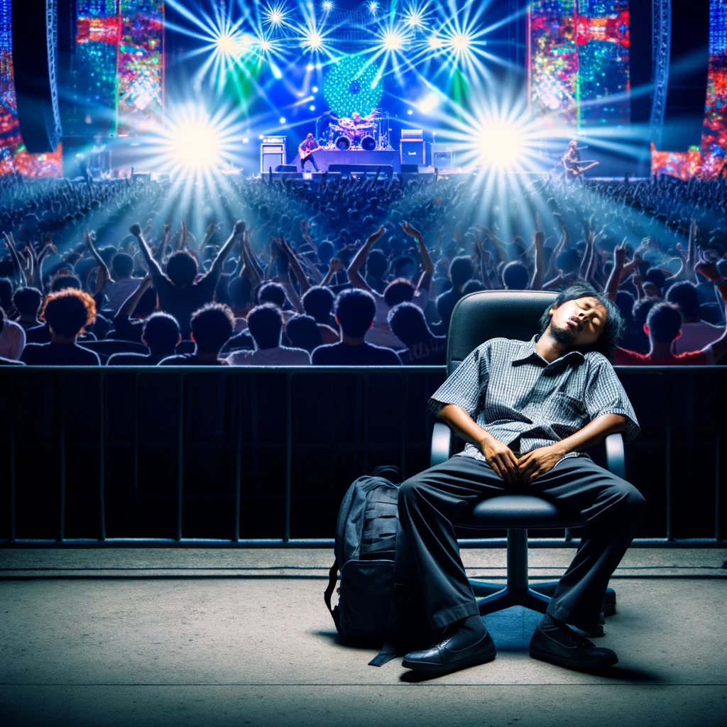 A person fast asleep amidst a loud, energetic concert. The individual is seated, slumped over in a chair, completely oblivious to the vibrant concert happening around them. The scene shows a contrast between the energetic crowd and stage, with bright lights and performers, and the peacefully sleeping individual. The caption at the bottom humorously states, "This band is so relaxing."