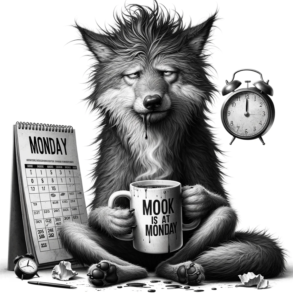 A disheveled and unamused wolf sitting with a coffee mug, portraying the typical Monday morning scenario. The wolf looks tired and disinterested, its fur tousled as if it just woke up. Around it, symbols of the start of a workweek, like a calendar with Monday circled and an alarm clock showing an early hour. The scene embodies the universal feeling of reluctance and dismay at the weekend being over, with a caption at the bottom reading, "When you realize the weekend is over, and it's Monday again."