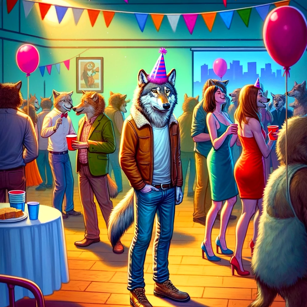 A wolf standing awkwardly in the corner of a lively party, holding a tiny party hat in one paw. The party scene is vibrant, with other animals enjoying the festivities, dancing, and chatting around. The wolf looks out of place and uncomfortable, embodying the feeling of being a social outsider trying to fit in. A caption at the bottom of the image reads, "When you're a lone wolf but still try to be social." This image highlights the contrast between the wolf's solitary nature and the bustling party atmosphere.