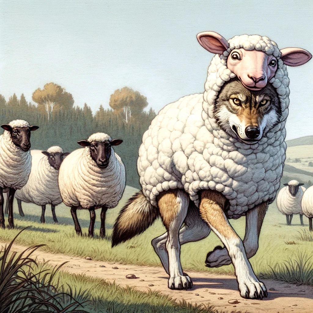 A wolf trying to squeeze into a sheep costume, looking around suspiciously to ensure it's not being watched. The scene is set in a pastoral landscape, with unsuspecting sheep grazing nearby. The wolf's expression is a mix of determination and wariness, as it struggles with the costume, which is clearly too small and ill-fitting. The comic juxtaposition of the wolf's fierce nature with the innocent sheep costume creates a humorous image. A caption at the bottom reads, "When you're trying to blend in but you're just too wild." This image captures the essence of standing out despite efforts to fit in.
