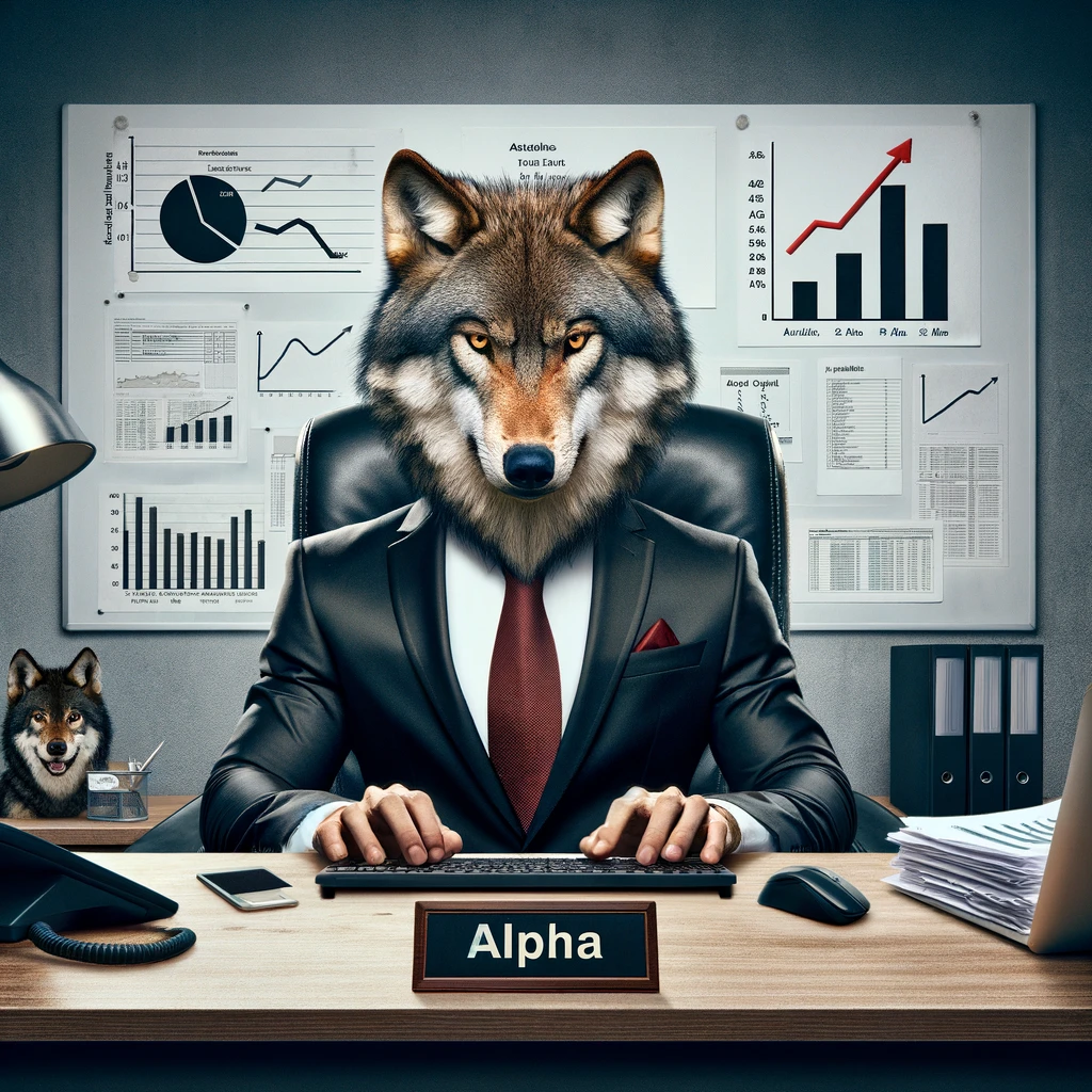 An alpha wolf dressed in a sleek business suit, sitting at a desk in an office environment, fiercely typing on a computer. The wolf exudes authority and focus, embodying the role of a leader in the corporate world. Around it, symbols of leadership and success, such as charts showing upward trends and a nameplate with the title "Alpha". The scene humorously parallels the concept of leading a pack with leading a team in the office. A caption at the bottom reads, "Leading the pack, one email at a time." This image plays on the idea of an alpha wolf navigating the complexities of office life.