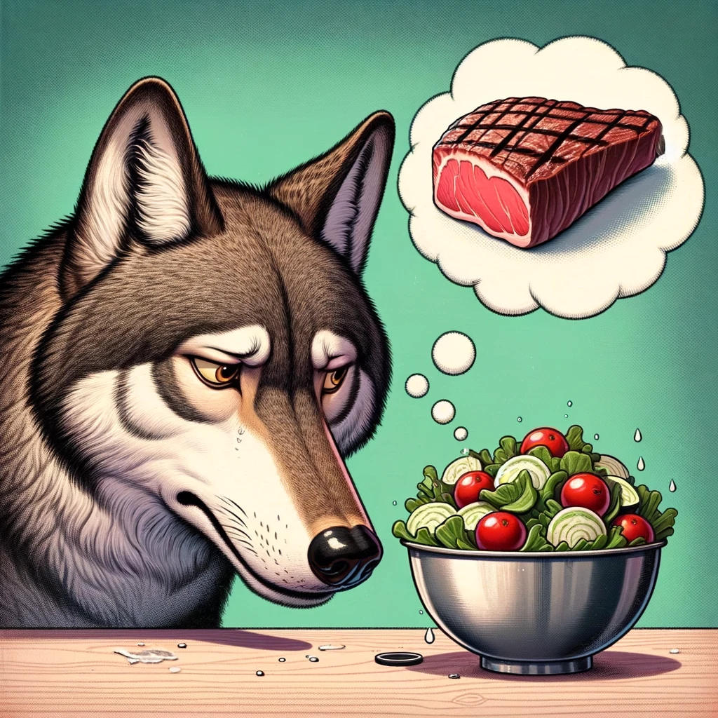 A wolf with a disgusted expression looking at a bowl of salad, while daydreaming of a juicy steak. The contrast between the wolf's natural carnivorous instinct and the unappealing salad humorously highlights the struggle of adhering to a healthier diet. The wolf's expression is one of disdain and longing, perfectly capturing the internal conflict between desire and discipline. In the background, a thought bubble shows a delicious steak, symbolizing the wolf's true craving. A caption at the bottom reads, "When you're trying to eat healthy but your inner predator disagrees." This image playfully explores the challenges of dietary changes.