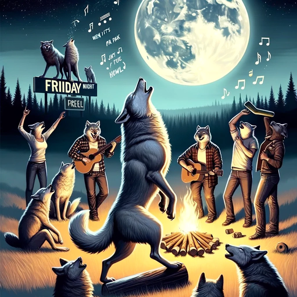A scene of a wolf howling at the moon with a group of wolves in the background having a party under the night sky. The central wolf is positioned in the foreground, howling passionately, while the others enjoy music, dance, and socialize around a bonfire. The image captures the excitement and freedom of a Friday night gathering among friends. The mood is festive and wild, reflecting the essence of a weekend kick-off. A caption at the bottom of the image reads, "When it's finally Friday night and the pack is ready to howl." This illustration combines the natural behavior of wolves with human-like celebration of the weekend.