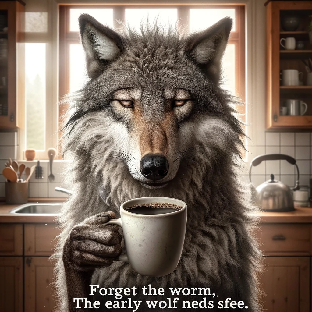 A wolf holding a cup of coffee with sleepy eyes, embodying the struggle of waking up early. The wolf stands in a kitchen setting, with morning light filtering through a window. Its expression is one of exhaustion and a desperate need for caffeine, capturing the essence of early risers everywhere. The scene humorously contrasts the wolf's fierce nature with its very human need for coffee to start the day. A caption at the bottom reads, "Forget the worm, the early wolf needs coffee." This image playfully acknowledges the universal reliance on coffee to kickstart the morning.