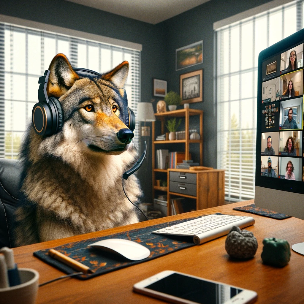 A wolf wearing headphones and staring blankly at a computer screen, set in a home office environment. The wolf embodies the modern challenge of remote work, looking both focused and slightly overwhelmed. The scene includes common online meeting elements, like a video call interface on the screen showing other participants. The humorous juxtaposition of a wild animal engaging in such a relatable human activity highlights the absurdity and monotony of endless virtual meetings. A caption at the bottom reads, "When you're an apex predator but still have to attend online meetings." This image satirizes the universal experience of adjusting to remote work.