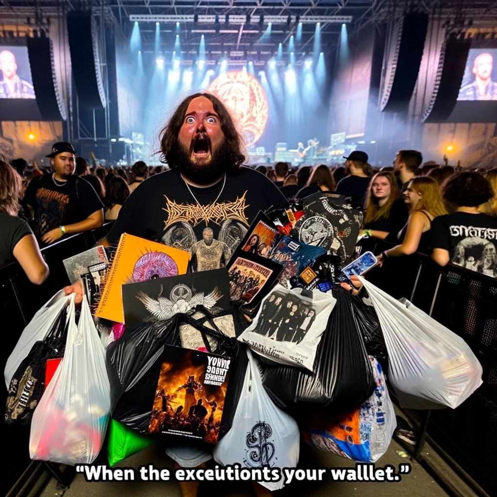 A person holding an excessive amount of band merchandise with a look of buyer's remorse at a concert. The individual is surrounded by bags and items like t-shirts, hats, and posters, looking overwhelmed and slightly regretful. The concert atmosphere is visible in the background, with a bustling crowd and glimpses of the stage. A caption at the bottom humorously reads, "When the excitement hits your wallet."