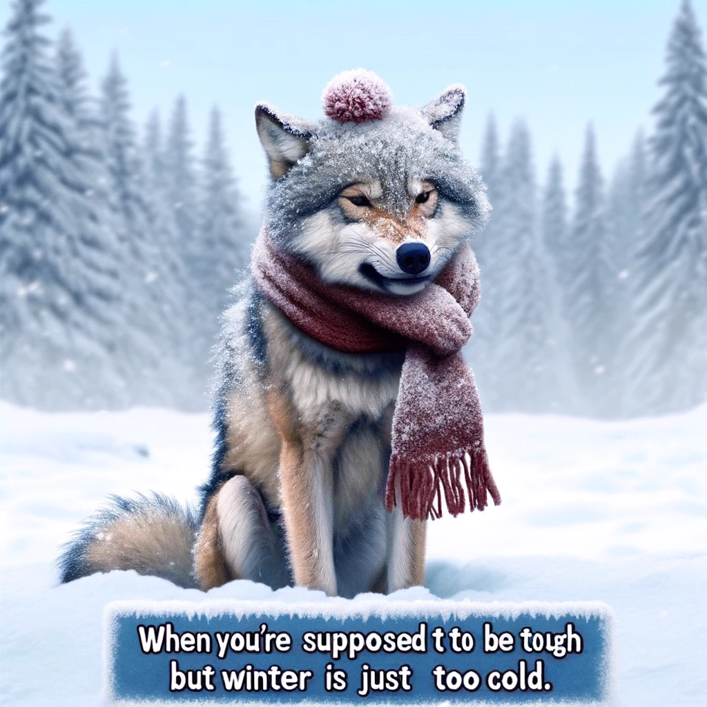 A wolf shivering in the snow, wearing a tiny scarf, encapsulating the feeling of being unprepared for the cold. The scene is set in a snowy landscape, emphasizing the harshness of winter. The wolf's expression is one of discomfort and surprise at the biting cold, despite its reputation for toughness. The inclusion of a small, inadequate scarf adds a humorous touch to the image, underscoring the mismatch between expectation and reality when facing the elements. A caption at the bottom reads, "When you're supposed to be tough but winter is just too cold." This image playfully addresses the challenges of dealing with cold weather, even for those considered strong.