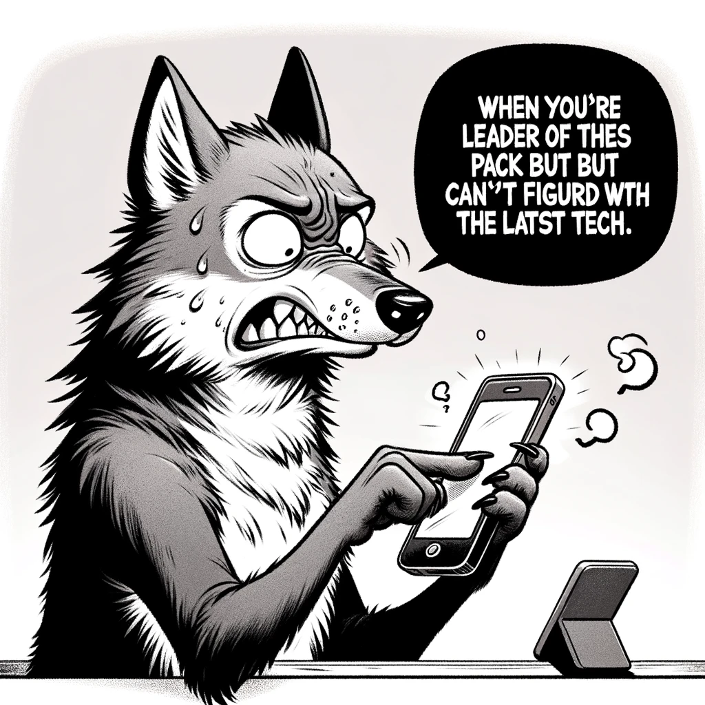 A cartoon image of a wolf looking puzzled and pawing at a smartphone screen. The wolf appears to be trying hard to understand how the device works but is clearly confused and a bit frustrated. The scene is humorous, capturing the juxtaposition of a wild animal facing modern technology challenges. Include a caption at the bottom of the image that reads, "When you're a leader of the pack but can't figure out the latest tech." The overall tone of the image is light-hearted and comical, showcasing the wolf in a human-like scenario of struggling with technology. The background should be simple and not distract from the main focus, which is the wolf's interaction with the smartphone.