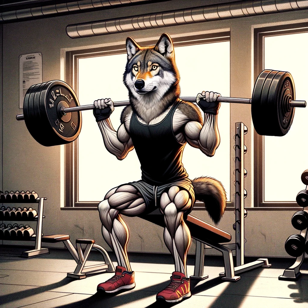 A cartoon image of a wolf in workout gear, lifting weights with a determined expression. The wolf is standing upright, mimicking a human doing a leg workout, showing off its muscular build and focus. The background should be a gym setting, with some gym equipment visible to set the scene. Include a caption at the bottom of the image that reads, "When the pack leader says it's leg day." The image should capture the humor in seeing a wild animal engaging in a very human activity like a gym workout, with an emphasis on determination and strength. The overall tone is playful and inspiring, showcasing the wolf's commitment to fitness.