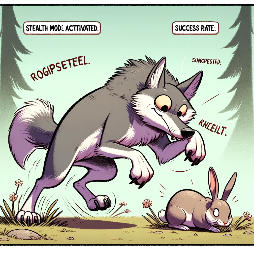 A cartoon image of a wolf tiptoeing with exaggerated stealth, attempting to sneak up on an unsuspecting rabbit. The wolf has a focused yet comical expression, with its paws raised high as it tries to move silently. The rabbit, oblivious to the wolf's presence, munches on grass, adding to the humor of the failed stealth attempt. The background should subtly suggest a forest clearing, providing a natural setting for the scene. Include a caption at the bottom of the image that reads, "Stealth mode: activated. Success rate: questionable." The overall tone is humorous and light-hearted, highlighting the wolf's exaggerated and cartoonish attempt at being stealthy, contrasted with the rabbit's complete unawareness.