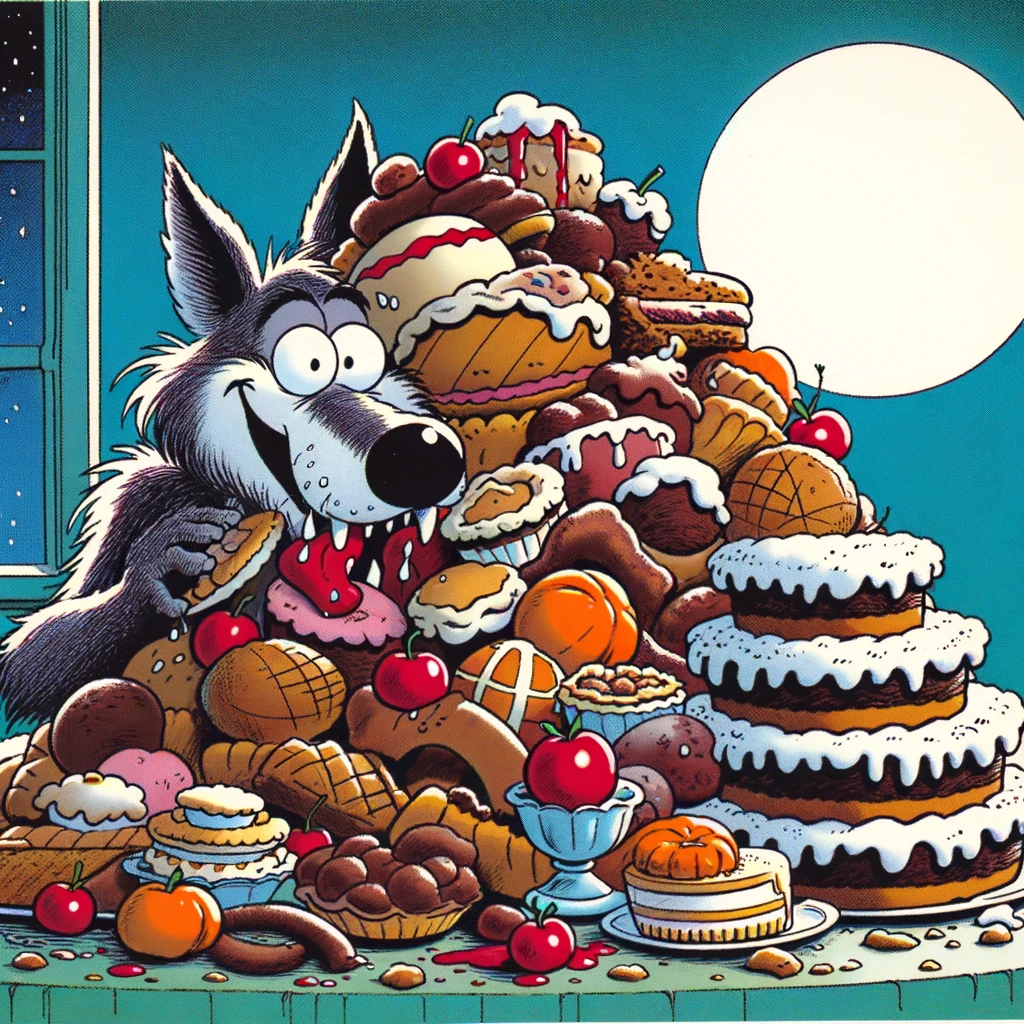 A cartoon image of a wolf with a sheepish grin, caught in the act of devouring a giant pile of assorted treats - cakes, pies, and meats. The wolf looks directly at the viewer, as if just realizing it has been caught, adding to the humor of the situation. The scene is set at night under a full moon, emphasizing the caption's play on words. Include a caption at the bottom of the image that reads, "When you said you were going on a diet, but the moon was full of temptations." The overall tone of the image is light-hearted and comical, capturing the wolf's moment of indulgence and the ironic twist of trying to diet during a full moon. The background should be simple, with a focus on the wolf and the pile of treats.