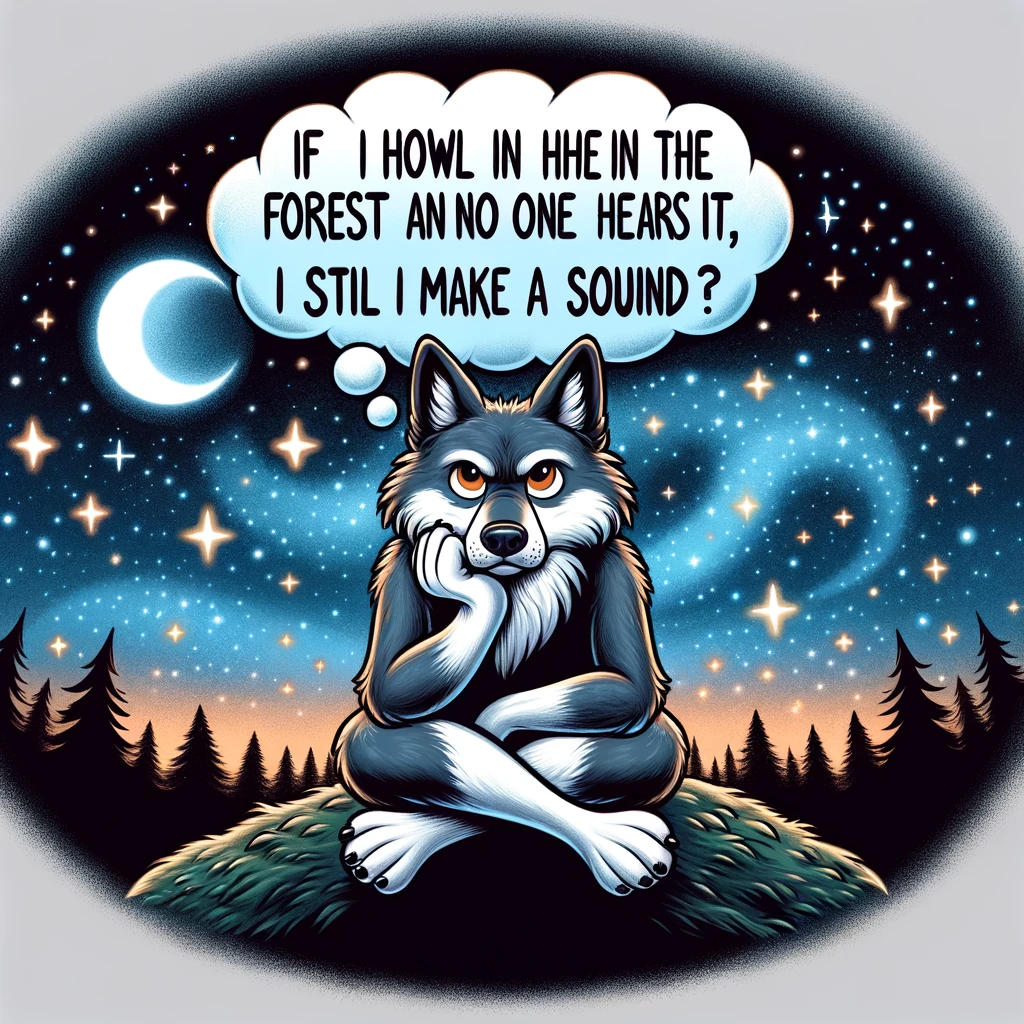 A cartoon image of a wolf sitting atop a hill, gazing thoughtfully at a star-filled sky. The wolf appears contemplative and wise, with its chin resting on its paw, embodying a philosopher's pose. The scene is serene and inspiring, with the vast night sky and twinkling stars creating a backdrop for deep reflection. Include a thought bubble above the wolf that reads, "If I howl in the forest and no one hears it, do I still make a sound?" The overall tone of the image is introspective and slightly humorous, playing on the philosophical question of existence and perception. The background should enhance the contemplative mood, with a focus on the natural beauty and the wolf's connection to the universe.