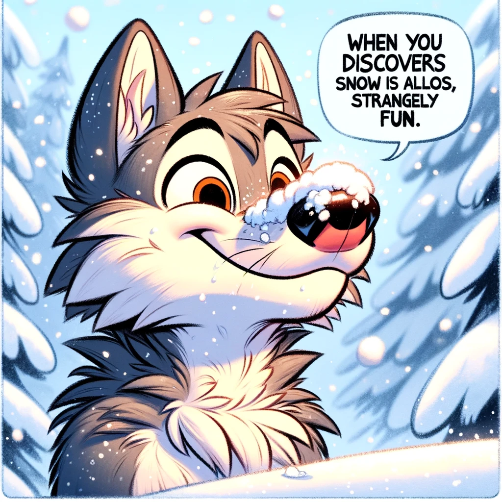 A cartoon image of a wolf experiencing snow for the first time, with a look of wonder and amazement on its face. The wolf's nose and fur are lightly covered with snowflakes, highlighting its first encounter with snow. The expression on the wolf's face is a mixture of surprise and joy, capturing the novelty and excitement of discovering something new. The scene is set in a snowy landscape, with snow-covered trees and a gentle snowfall adding to the magical atmosphere. Include a caption at the bottom of the image that reads, "When you discover snow is cold but also, strangely fun." The overall tone of the image is heartwarming and playful, showcasing the wolf's innocent discovery of the joys of snow. The background should enhance the winter wonderland feel, making the viewer feel the chill and delight of the first snow experience.