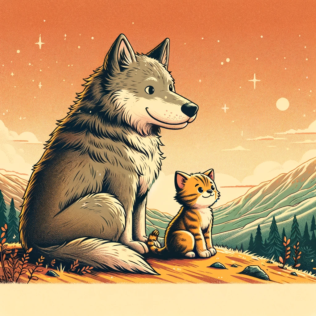 A cartoon image of a wolf and a small kitten sitting side by side on a hill, both looking into the distance with a sense of wonder and camaraderie. The wolf is large and majestic, with a soft expression, while the kitten is tiny and curious, looking up to the wolf as a mentor or big friend. The background features a beautiful landscape, perhaps a valley or forest, symbolizing the adventures they could have together. The scene is warm and uplifting, highlighting the unexpected friendship between two very different creatures. Include a caption at the bottom of the image that reads, "When you find an unlikely friend who shares your spirit of adventure." The overall tone is heartwarming and inspiring, showcasing the bond that forms over shared curiosity and the willingness to explore the world together.