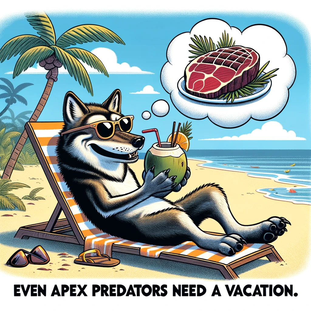 A cartoon image of a wolf lying on a beach, wearing sunglasses and sipping a tropical drink from a coconut shell. The wolf is relaxed and content, with a serene expression, enjoying the sun and the sand. The beach scene is idyllic, with palm trees, a blue sky, and a calm sea in the background, creating a perfect vacation setting. Beside the wolf, there's a thought bubble showing a juicy steak, indicating the wolf's dream even while on vacation. Include a caption at the bottom of the image that reads, "Even apex predators need a vacation." The overall tone of the image is humorous and lighthearted, illustrating the idea that everyone, no matter how fierce, deserves a break to relax and dream about their favorite things. The scene should capture the juxtaposition of a wild animal enjoying human-like leisure activities, adding to the whimsy of the image.