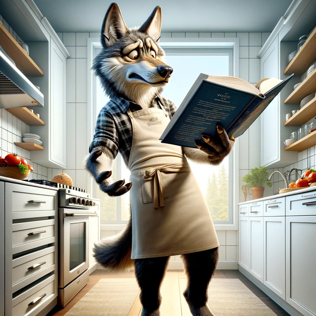 A cartoonish wolf standing in a modern kitchen, donning a chef's apron, looking down at an open cookbook with a puzzled and overwhelmed expression. The kitchen is well-equipped, hinting at the wolf's intent to cook something ambitious. The scene is humorous, playing on the juxtaposition of a wild animal trying to navigate the complexities of human culinary arts. The caption at the bottom reads, "When you're top of the food chain but can't figure out a simple recipe." This image captures the essence of the wolf's unexpected domestic challenge, blending elements of wildlife with human tasks in a lighthearted manner.