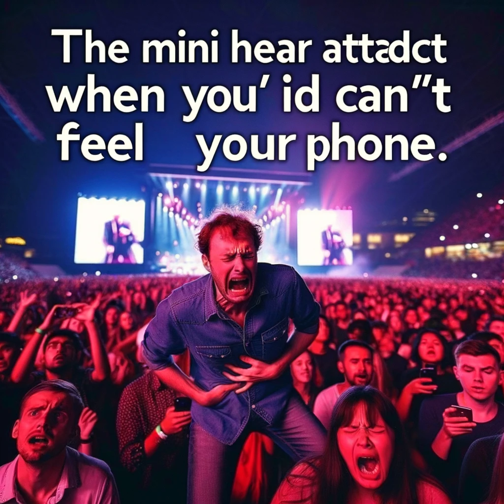 A person at a concert frantically searching their pockets, with a panicked expression, as they cannot feel their phone. The surrounding crowd is engaged in the concert, but this individual is focused on their search, showing a mix of anxiety and urgency. The concert setting includes a stage with performers and vibrant lights in the background. A humorous caption at the bottom reads, "The mini heart attack when you can't feel your phone."