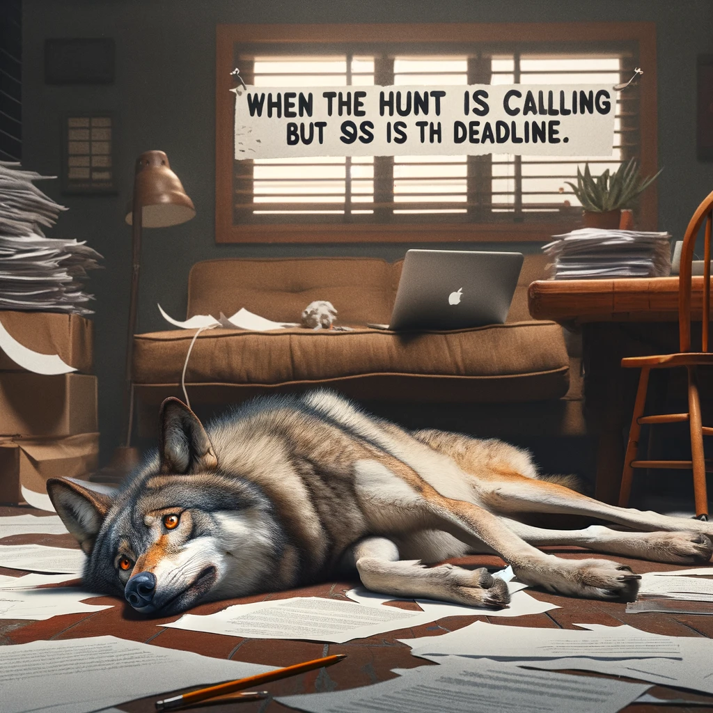 A wolf lying on the ground, surrounded by papers and a laptop, with a look of dread on its face. The setting appears disorganized, embodying a scene of procrastination and overwhelm. The mood is humorous yet relatable, capturing the essence of avoiding responsibilities while facing imminent deadlines. This image strikes a balance between the natural demeanor of a wolf and human-like expressions of stress and dread, creating a comedic yet poignant reflection on procrastination. Captioned with, "When the hunt is calling, but so is the deadline."