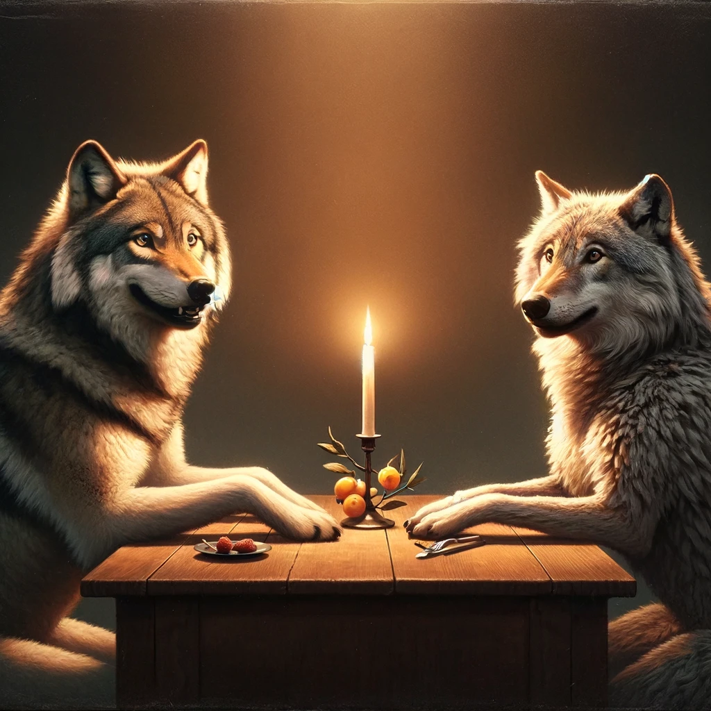 Two wolves sitting at a table with a candle between them, set against a romantic but awkward atmosphere. The wolves have human-like expressions of nervousness and awkwardness, capturing the essence of a first date where both parties are unsure of how to proceed. The scene is a humorous take on dating, blending animal behavior with human social scenarios. The candlelight adds a touch of romance, contrasting with the awkward body language of the wolves, making the scene both endearing and funny. Captioned, "When you're trying to find love in the wild but forgot how to start the conversation."