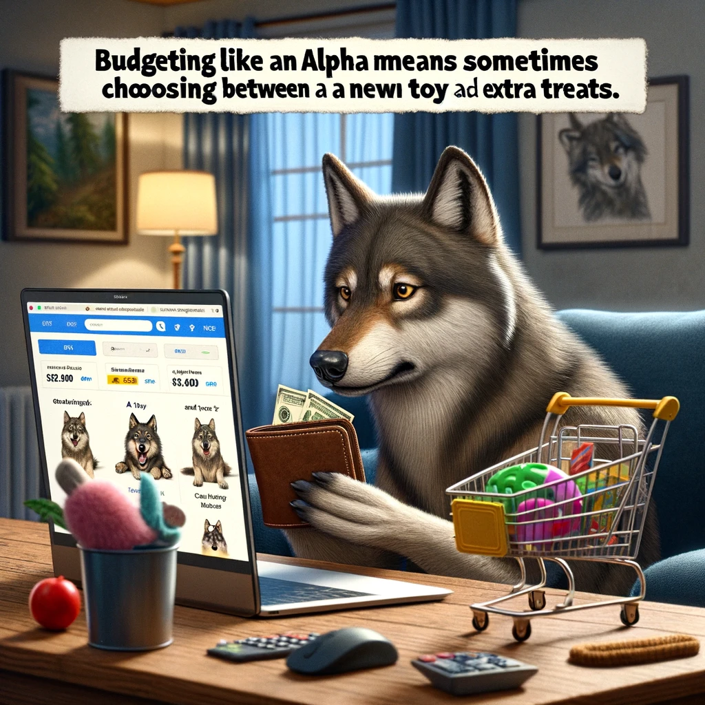 A wolf holding a wallet, looking at an online shopping cart on a computer screen, filled with toys and treats. The scene captures the wolf's dilemma between frugality and desire, reflecting a humorous take on budgeting and financial decisions. The wolf's expression is one of contemplation and slight distress, humorously anthropomorphizing the act of choosing between different pleasures. The setting is relatable and comedic, highlighting the everyday challenges of balancing wants and needs within a budget. Captioned, "Budgeting like an alpha means sometimes choosing between a new toy and extra treats."