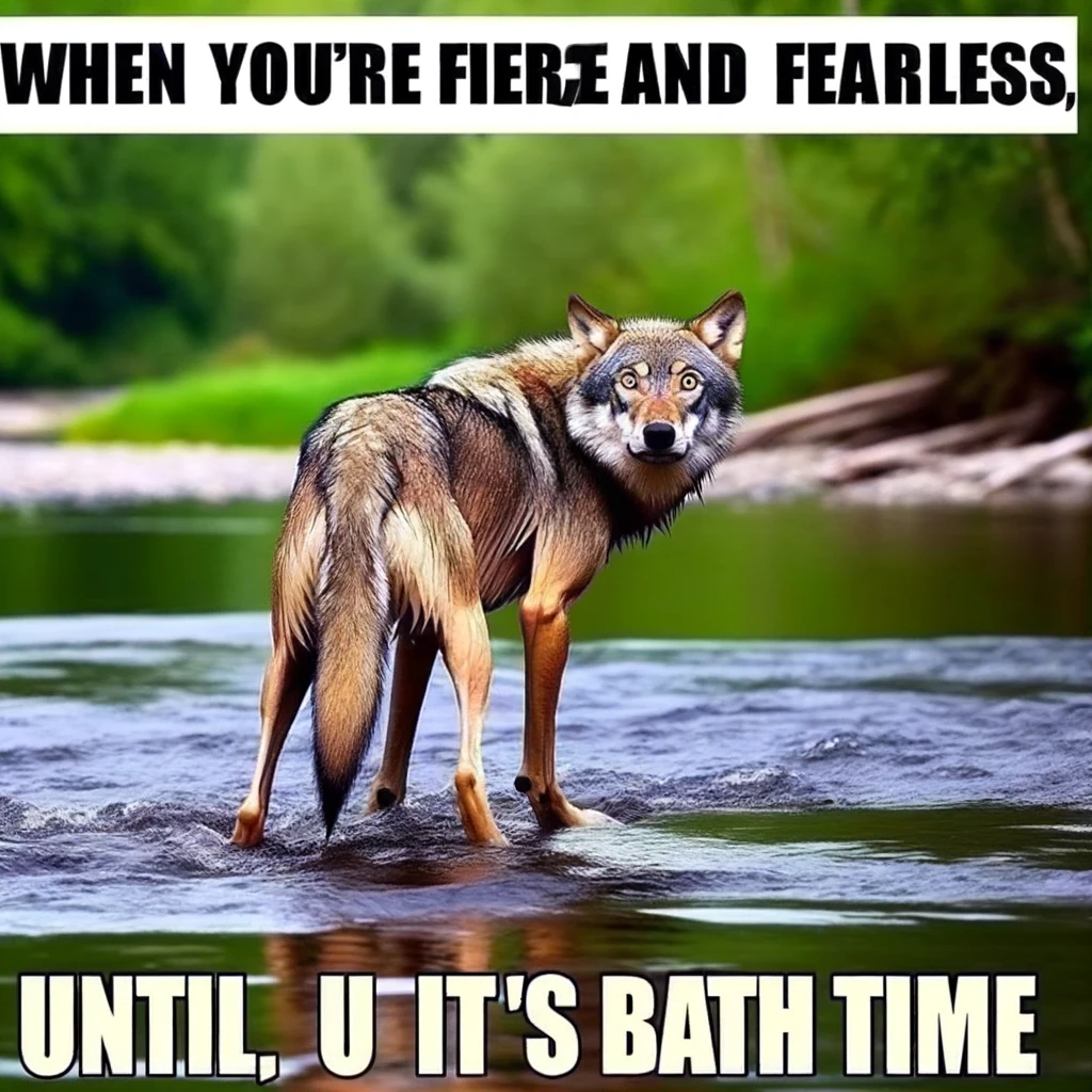 A wolf standing at the edge of a river, hesitating and looking back with a terrified expression. This humorous scene juxtaposes the wolf's natural ferocity with a common human fear of water or bathing. The setting is vivid, capturing the wolf's reluctance and fear, humorously anthropomorphizing a moment of vulnerability. The wolf's expression and body language vividly convey its discomfort, making the scene relatable and amusing. The background features a peaceful river scene, contrasting with the wolf's dramatic reaction. Captioned, "When you're fierce and fearless, until it's bath time."