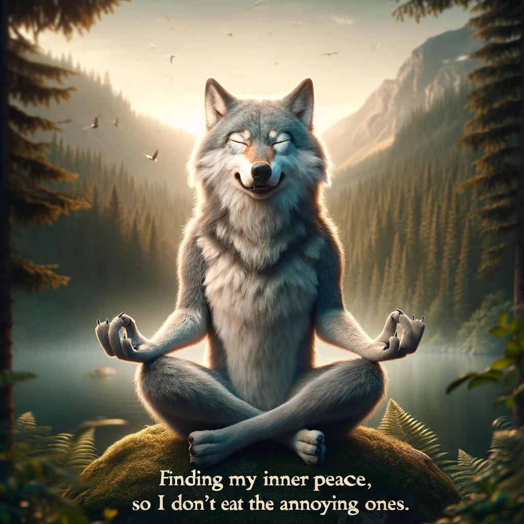 A wolf in a serene backdrop, sitting in a meditative pose with its eyes closed, embodying a state of zen and inner peace. The setting is calm and tranquil, possibly in a forest clearing or atop a mountain, with soft lighting and natural elements enhancing the atmosphere of meditation and reflection. The wolf's posture and expression suggest a deep connection to its surroundings, humorously anthropomorphizing the pursuit of mental tranquility amidst life's chaos. The scene is a creative blend of wildlife behavior and human-like quest for peace, captioned, "Finding my inner peace, so I don't eat the annoying ones."