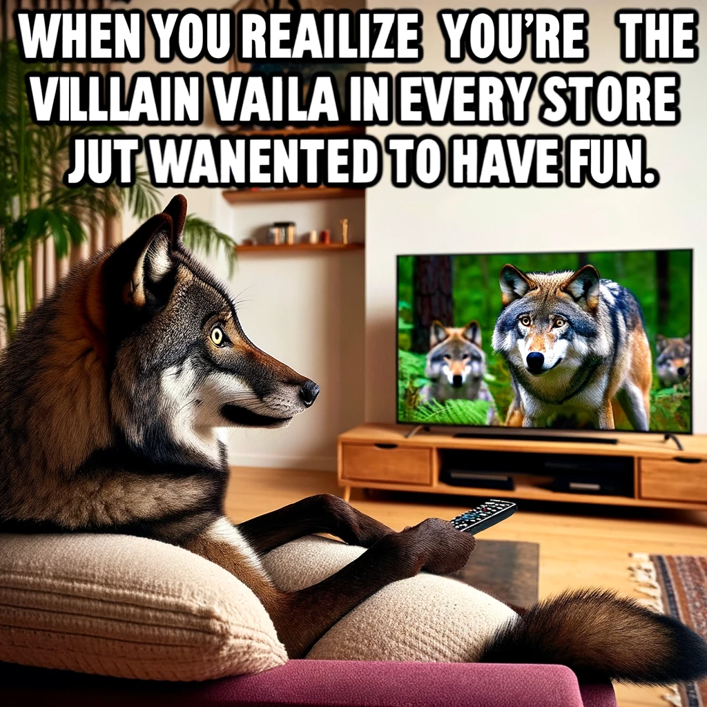 A wolf watching a nature documentary on TV, showing scenes of wolves in the wild. The wolf's expression is one of shock and disbelief, humorously anthropomorphizing its reaction to the portrayal of wolves in media. The living room setting is cozy, with the wolf sitting like a human, remote in paw, as it watches the screen. This scene offers a comedic twist on the idea of self-awareness and media representation, highlighting the gap between reality and how animals are depicted in stories. Captioned, "When you realize you're the villain in every story but just wanted to have fun."