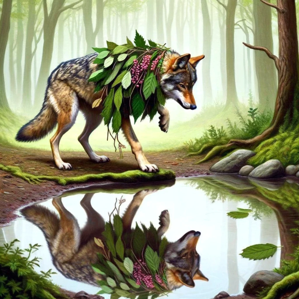 A wolf trying on different leaves and branches, standing in front of a pond that reflects its image. The wolf is critically examining its reflection, humorously anthropomorphizing the experience of fashion and self-presentation. The setting is natural, perhaps in a forest clearing, adding a whimsical touch to the scene. This image captures the humorous notion of a wolf engaging in human-like behavior, concerned with its appearance and trying to stay fashionable within its pack. Captioned, "When you want to impress the pack but your wardrobe is just so last season."
