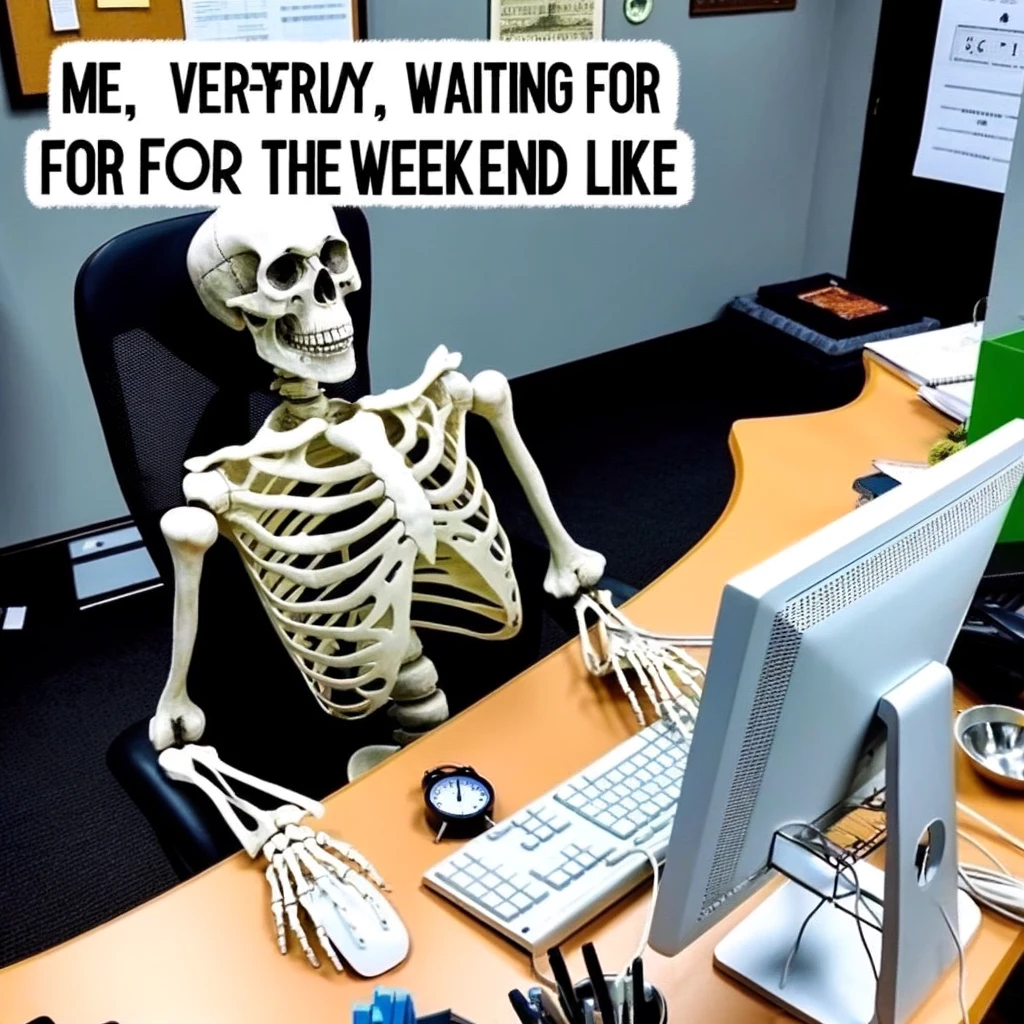 A skeleton sitting in an office chair, staring at a computer screen with a clock in the background showing 5:00 PM. The office environment looks typical with a desk, computer, and some office supplies. The skeleton appears impatient, constantly glancing at the clock, embodying the feeling of anticipation for the weekend. The caption reads, "Me, every Friday, waiting for the weekend like." This image encapsulates the humorous frustration and anticipation of the end of a workweek, waiting eagerly for the weekend to begin.