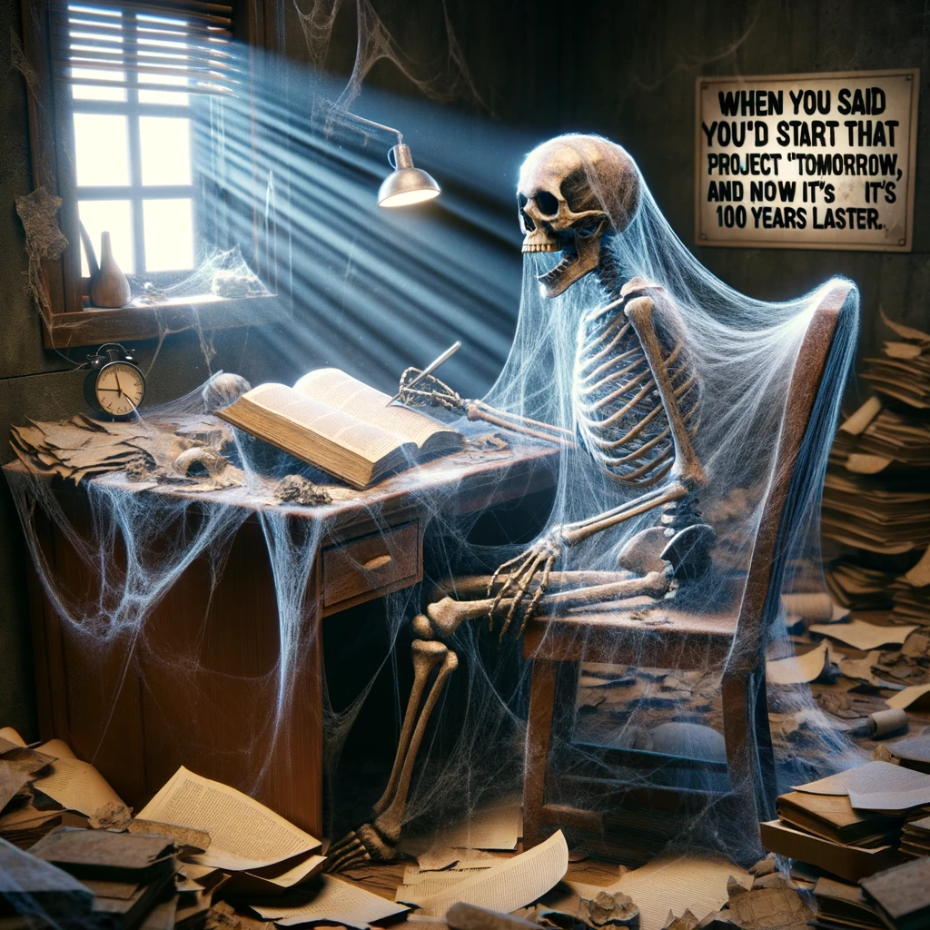 A skeleton covered in cobwebs, sitting at a desk with a book open and a pen in hand, in a dimly lit room filled with old, untouched projects and papers scattered around. The skeleton looks as if it's been waiting to start writing for decades, embodying the ultimate procrastination. The room has a window with light rays barely creeping in, highlighting the dust particles in the air and the cobwebs on the skeleton. The text says, "When you said you'd start that project 'tomorrow,' and now it's 100 years later." This scene humorously illustrates the concept of procrastination taken to an extreme level, where time has literally passed by.