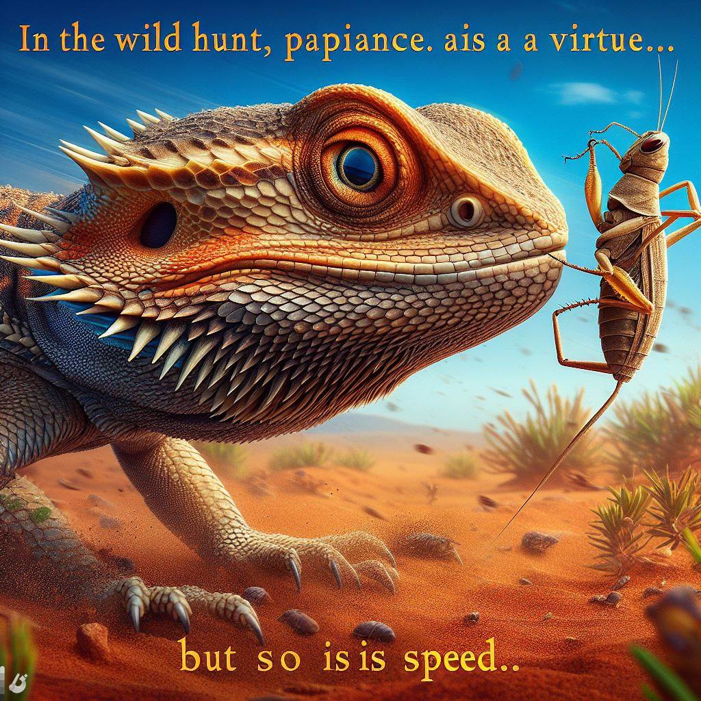 A bearded dragon eyeing a cricket that's just out of reach, with intense focus. The caption reads: 'In the wild hunt, patience is a virtue... but so is speed.' The image is realistic and colorful, with a desert-like background and a dynamic angle that shows the tension between the predator and the prey.
