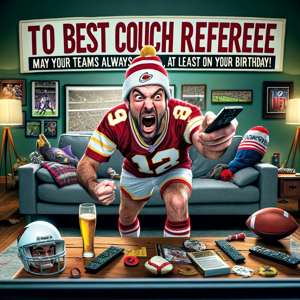 A picture of a man shouting at the TV during a sports game, dressed in his favorite team’s gear, with a remote in one hand. The living room is decorated with sports memorabilia and the TV shows a tense moment in a game. The man has an expression of excitement and frustration. A caption at the bottom reads: "To the best couch referee - May your team always win, at least on your birthday!" The image should be humorous and relatable to sports fans, capturing the passion of a dedicated fan watching a game at home.