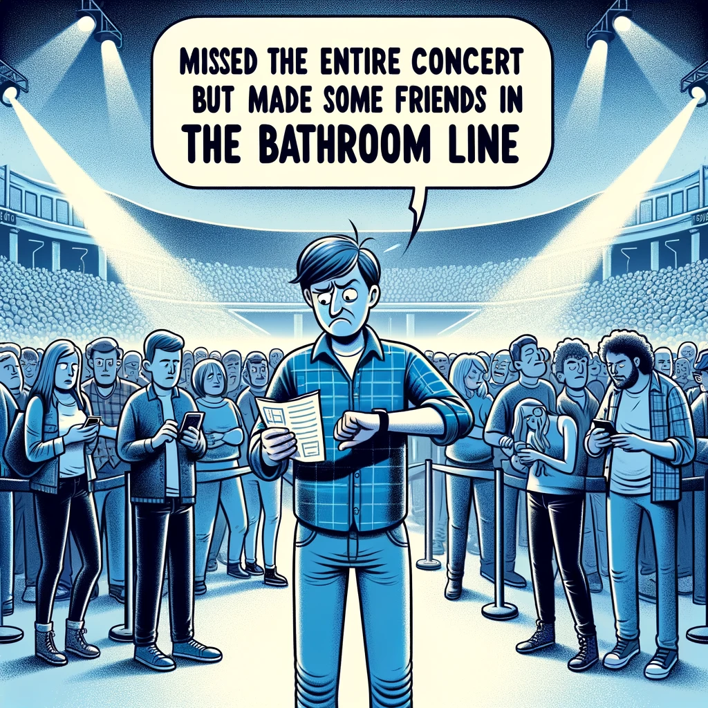 A person looking exasperated while standing at the end of a seemingly endless bathroom queue at a concert, with a large crowd in the background. The person is holding a concert program and checking their watch, while others in the line are chatting and laughing. A caption above the image reads, "Missed the entire concert but made some friends in the bathroom line." The setting is an indoor concert venue with visible stage lights and concert decor.