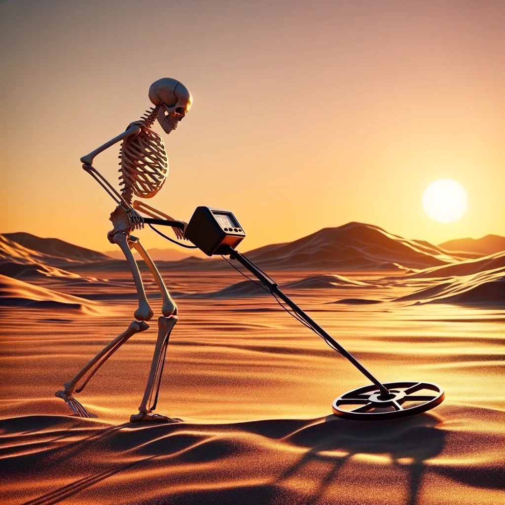 A skeleton using a metal detector in a vast, empty desert, searching for something elusive. The sun is setting on the horizon, casting long shadows and giving the scene an air of endless searching. The skeleton is dressed casually, as if it had decided on a whim to seek out motivation in the most unlikely of places. The caption reads, "Me looking for motivation to start working out." This image humorously captures the struggle of finding motivation to engage in physical activity, with the skeleton representing an exaggerated level of difficulty in this quest.