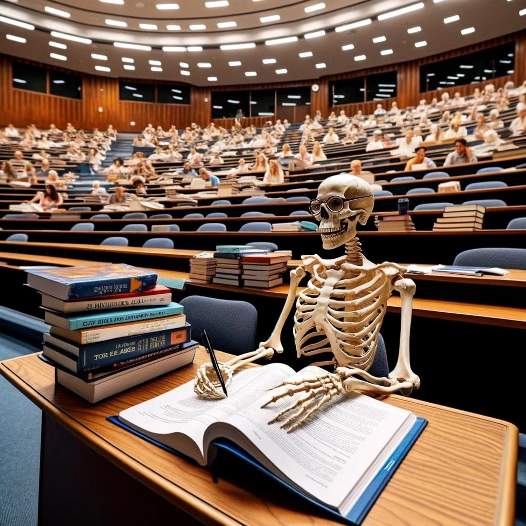 A skeleton sitting in a lecture hall, surrounded by other empty seats, diligently taking notes from a lecture that seems to have been going on for centuries. The lecture hall is filled with textbooks, papers, and the aura of academic pursuit. The skeleton, wearing glasses and looking focused, embodies the eternal student, ever committed to learning. Books are piled high on the desk in front of it, some open to pages that look like they haven't been turned in ages. The caption jokes, "Grad student status: Still here." This image captures the humor and perseverance of graduate students who feel like their studies might just go on forever.