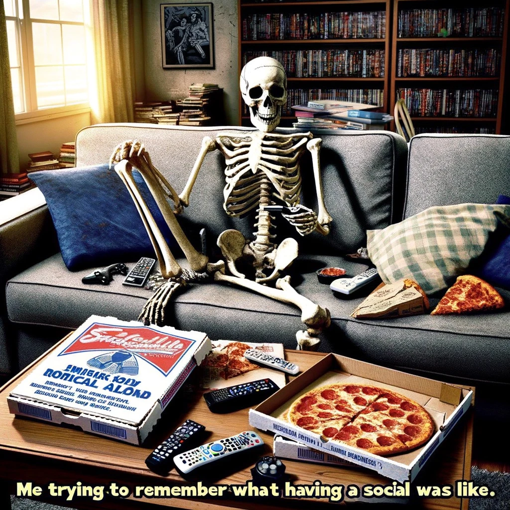 A skeleton sitting on a couch, surrounded by pizza boxes and holding a TV remote, with a phone that hasn't rung nearby. The living room is cluttered, with signs of a solitary lifestyle evident in the stacks of movies, books, and video game controllers scattered around. The skeleton's expression is one of bemusement, as if it's wondering what happened to its social life. The caption reads, "Me trying to remember what having a social life was like." This image playfully addresses the theme of isolation and the humorous aspect of trying to recall a more socially active time, contrasted by the current, less active reality.