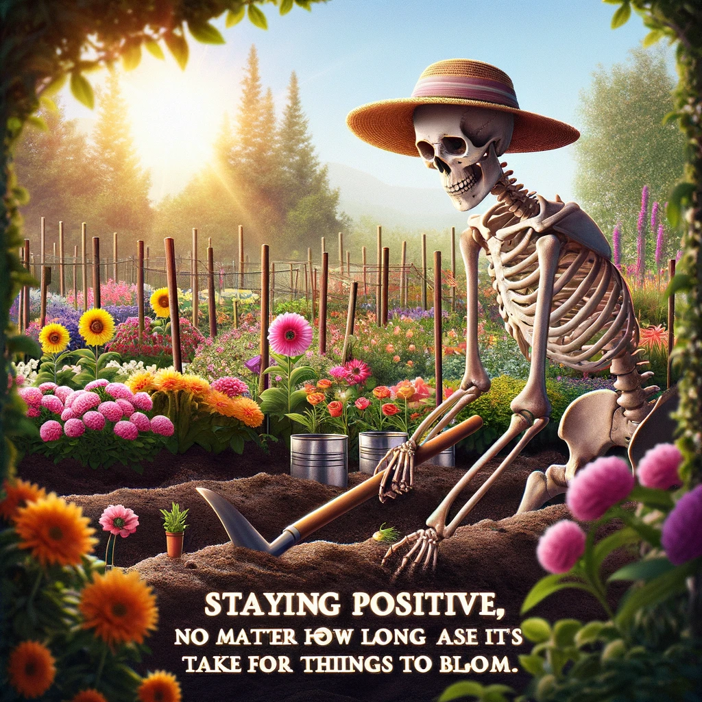 A skeleton planting flowers in a garden, wearing a sunhat, in a scene filled with vibrant flowers and plants. The garden looks well-tended, with an assortment of flowers that seem to be blooming, despite the skeletal gardener's condition suggesting an eternal wait. The sun shines brightly, casting a warm glow over the garden, highlighting the contrast between life and the lifeless. The skeleton, with a look of determination and optimism on its skull, embodies the eternal optimist, believing in growth and renewal against all odds. The text over it humorously states, "Staying positive, no matter how long it takes for things to bloom." This image captures the humorous yet inspiring idea of staying hopeful and positive, regardless of how long it takes for efforts to bear fruit.